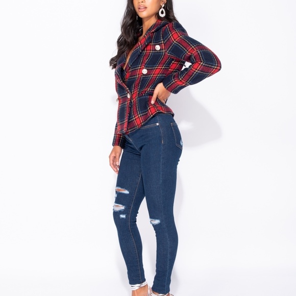 Theron Navy & Red Plaid Double Breasted Blazer - Picture 6 of 8